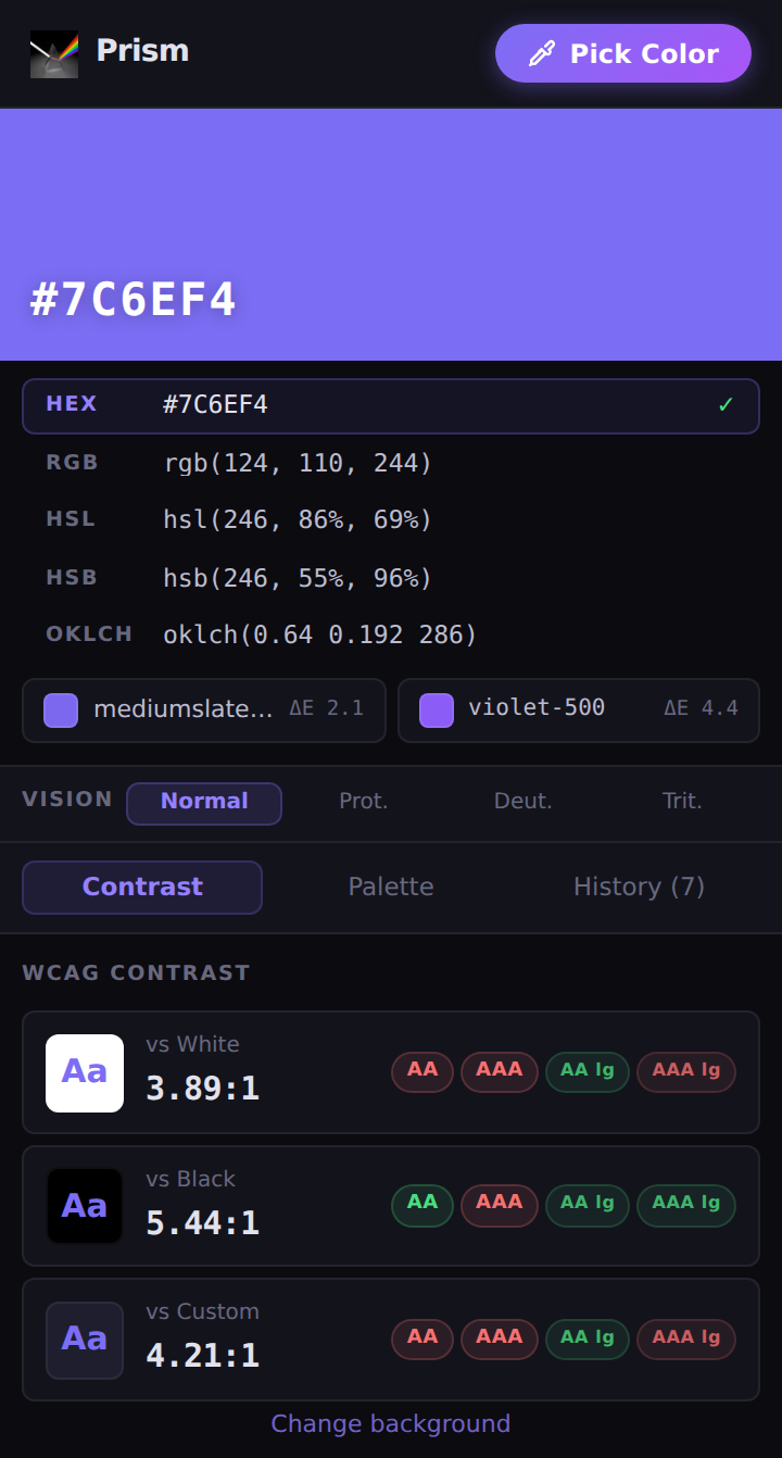 Prism popup showing a picked colour with HEX, RGB, HSL, HSB and OKLCH values and WCAG contrast results