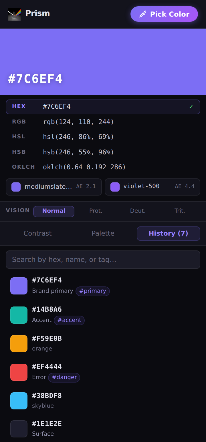 Searchable colour history with labels and tags